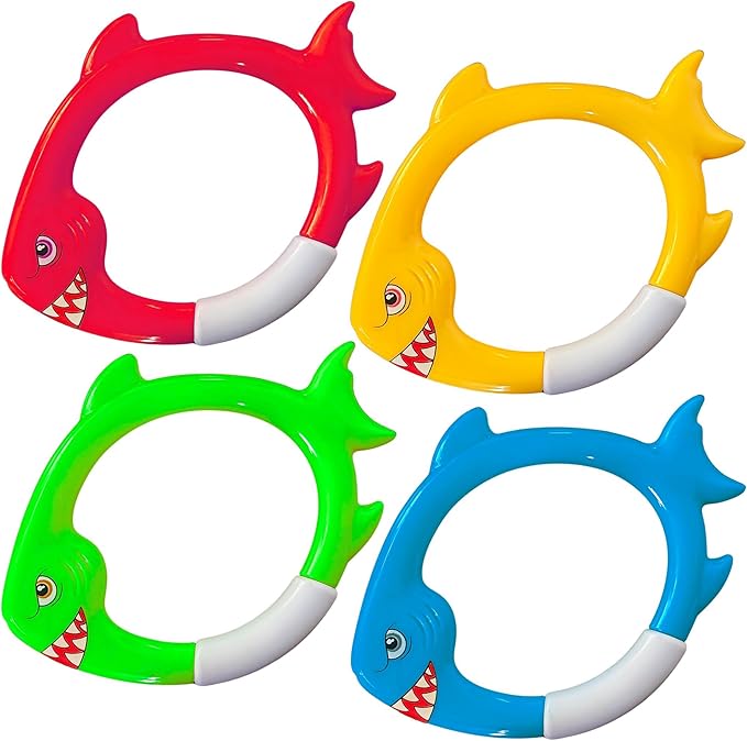 4-Pack Shark Dive Rings – Sinking Swimming Pool Toys for Kids, Toddlers, Boys & Girls | Colorful Underwater Fish Rings for Diving Pool Games, Swim Training, Beach & Bath Play