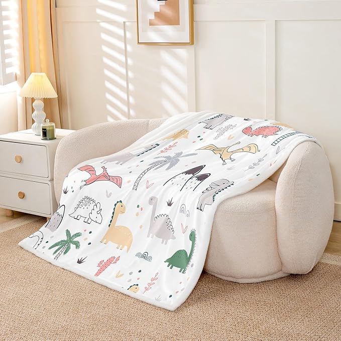 Baby Dinosaur Plush Kids Cartoon Dino Sherpa Fleece Throw Blanket for Children Boys Girls, Jungle Animals Fuzzy Blanket for Sofa Bed Couch, Room Decor Twin 60x80 Inch