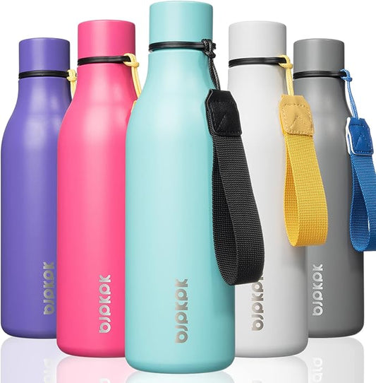 BJPKPK Insulated Water Bottles, 18 oz Stainless Steel Metal Water Bottle with Strap, BPA Free Leak Proof Thermo, Mugs, Flasks, Reusable Water Bottle for Sports & Travel, Turquoise