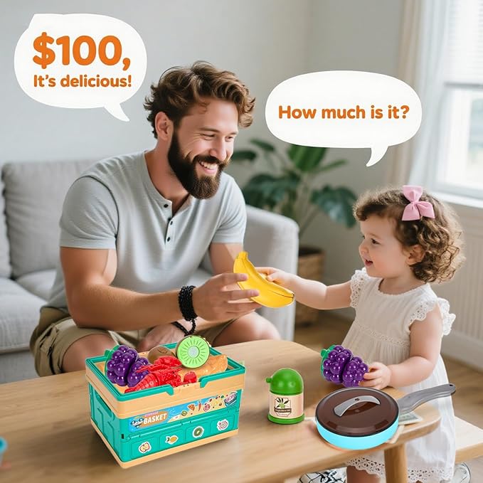 80Pcs Kitchen Playset, Toddler Pretend Cooking with Pots, Pans, Cookware, Food, Picnic Blanket, Fruits, Veges, Shopping Storage Basket, Dessert , Learning Gift for Girls Boys (Turquoise)