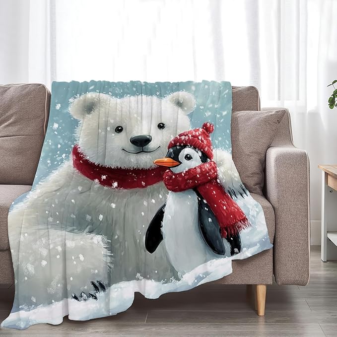 Polar Bear Blanket Penguin Throw Blankets for Girls Boys Women Men Gifts Plush Cozy Flannel Fleece Fuzzy Christmas Blanket for Bed Couch Sofa 50"X40"