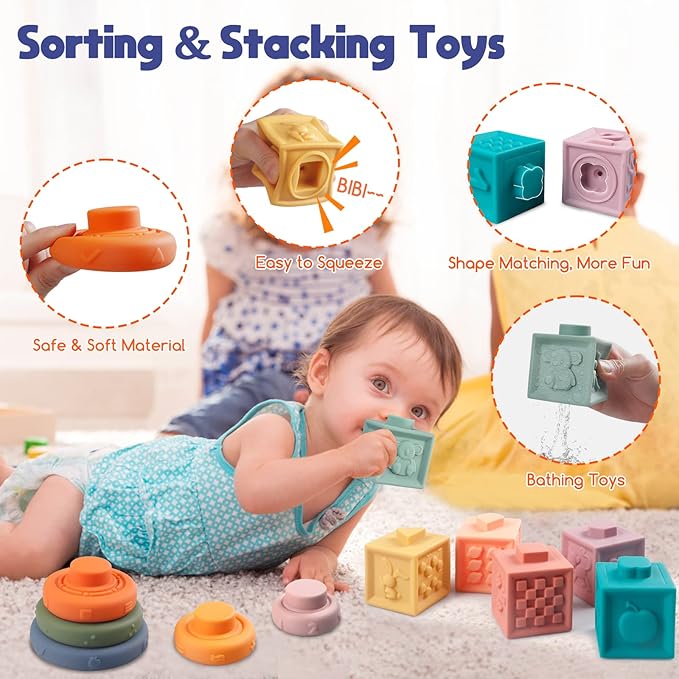 Montessori Baby Toys - Pull String Teether, Stacking Blocks, Sensory Shapes Storage Bin, Infant Bath Time Fun, 4 in 1 Toddlers Toy for Baby Boys Girls