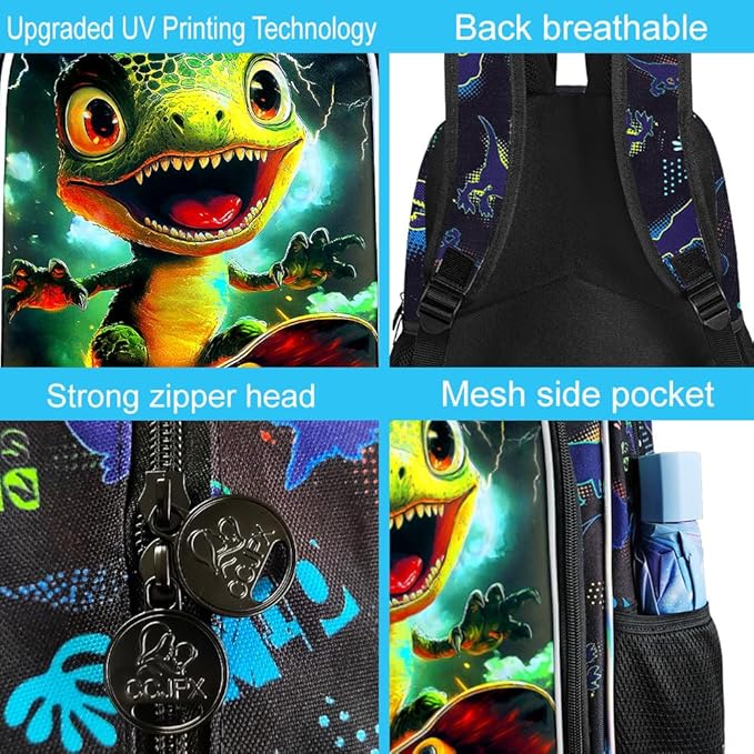 3Pcs Dinosaur Backpack for Boy, 16" Bookbag with Lunch Box, Kids School Backpacks for Elementary Preschool Kindergarten (Black)