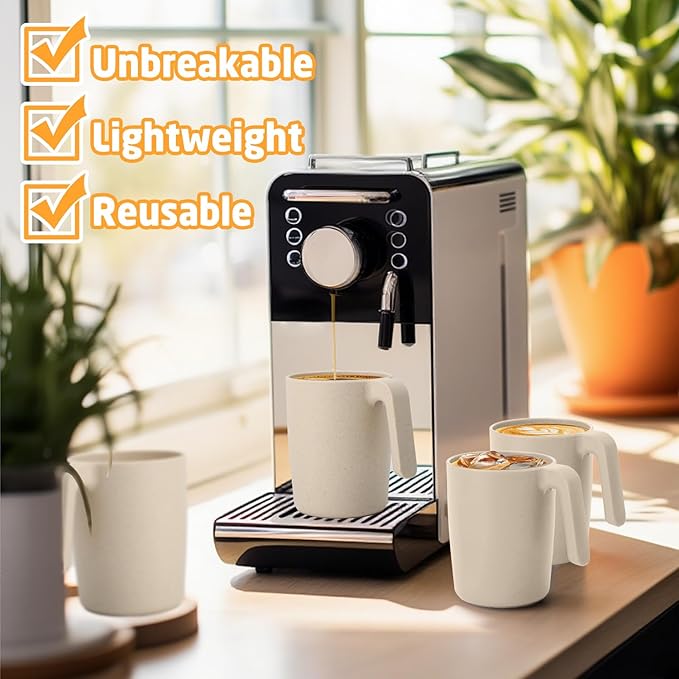 Coffee Mugs Set of 6, Wheat Straw Cups 16 oz, Resuable Plastic Mugs With Handle, Unbreakable Kids Mugs, Dishwasher and Microwave safe Coffee Cups for Tea, Camping & Kitchen (Beige)