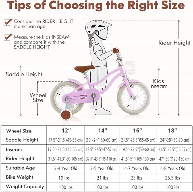 COSTWAY Kids Bike, 12 14 16 18 Inch Toddler Bike Children Bicycle w/Training Wheels, Hand & Coaster Brakes, Adjustable Saddle & Handlebar, Basket, Bell, Kids Bicycle for Girls Boys Aged 3-8 Years Old