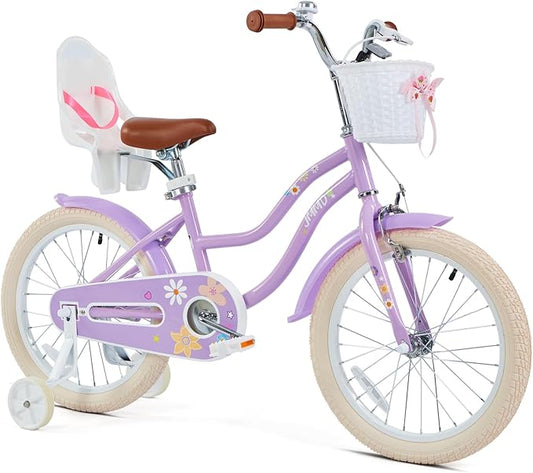 JMMD Girls Bike for 4-12 Years Old Kids, 12 14 16 18 20 24 Kids Bike with Training Wheels, Basket and Doll Seat, Toddler Girls Bicycles with Handbrake & Kickstand, Multiple Colors