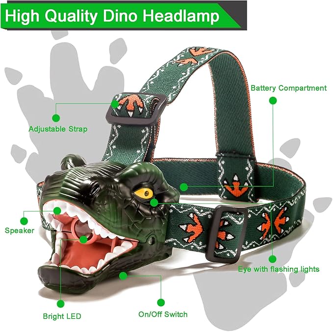 Dinosaur Kids Headlamp, T-Rex Dinosaur Led Headlamp Flashlight, Dinosaur Toy Headlamp Flashlight with 4 Lighting Mode for Boys, Girls’ Camping, Hiking, Reading and Party (Green)