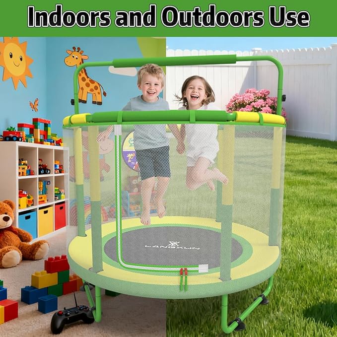 LANGXUN 60" Trampoline for Kids, 5ft Toddler Mini 6-in-1 Trampoline Indoor Outdoor with Swing, Basketball Hoop, Dart Board, Rings, Christmas Toys Birthday Gifts for Girls Boys