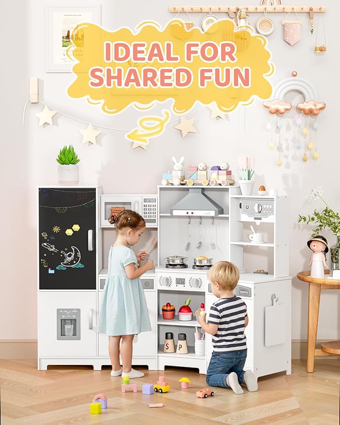 MAMIZO Wooden Corner Play Kitchen, Large Ultimate Interactive Toddler Pretend Kids Kitchen Playset with Blackboard, Stove & Range Hood w/Light & Sound, Ice Maker, Washing Machine, 6 Toy Set (White)