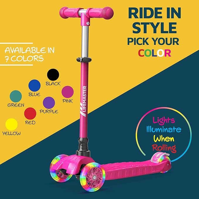 Lifemaster Mini 3-Wheel Kids Scooter with Multi-Color Wheel Lights – 4-Height Adjustable Handlebar, Wide Anti-Slip Deck, Child Safety Certified, Boys & Girls Ages 2+ Supports Up to 110 lbs