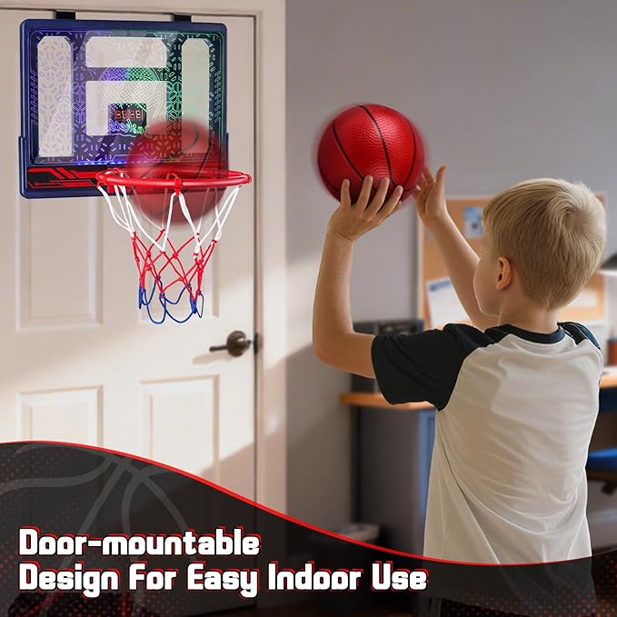 Basketball Hoop for Kids 3 4 5 6 7 8 Years Old, Electronic Basketball Goal with Adjustable Stand, 7 LED Lights & Scoreboard, Indoor Outdoor Sports Toy, Birthday for Kids Boys Ages 3-12