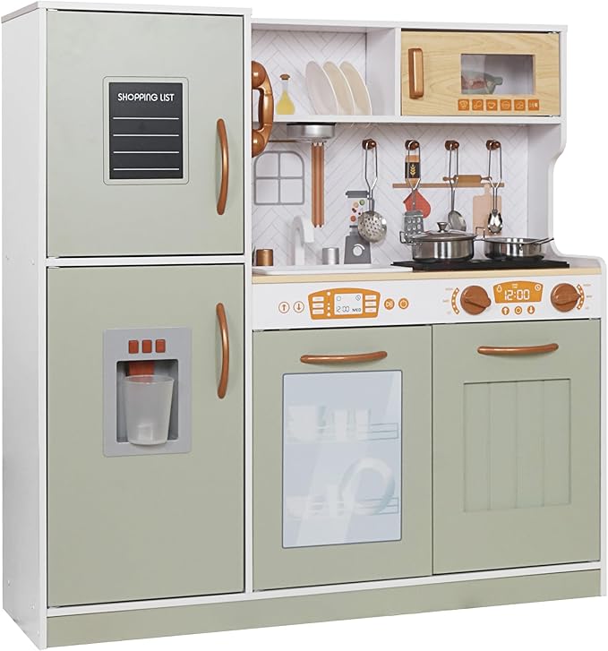 Wooden Play Kitchen Toy Set with Light, Kids Children Pretend Toy Kitchen Playset, Sink Play Toy Oven with Microwave,Toddler Cooking Set Toy for Ages 3+ Baby Girls Boys (Green)