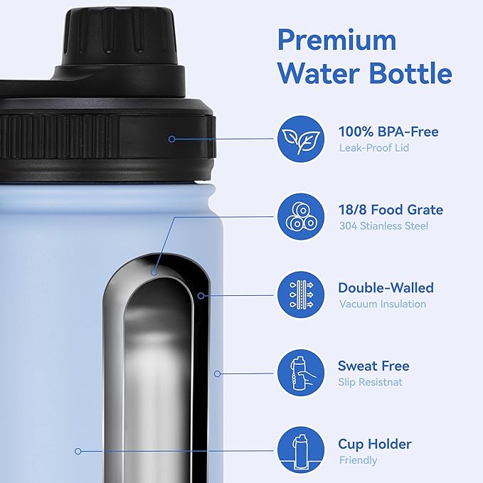 DOMICARE 16 oz Kids Water Bottle for School Stainless Steel Double Wall Vacuum Insulated Water Bottle with Straw lids & Spout Lid, Leakproof BPA Free (Light Blue,4)