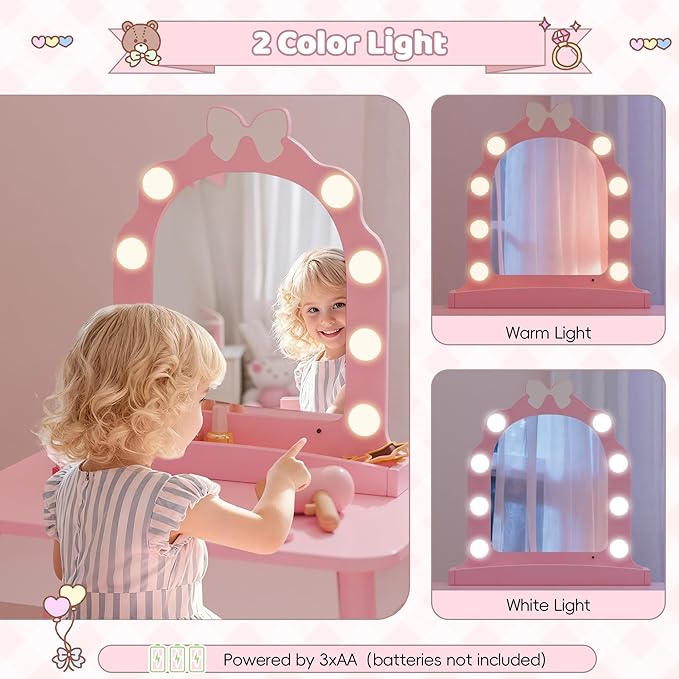 Kids Vanity Set with Light and Barber Chair, Pink Makeup Dressing Vanity Table with Storage Shelf and Hair Salon Play Set 7 pcs Accessories, Pretend Play Vanity Set for Toddler Girls