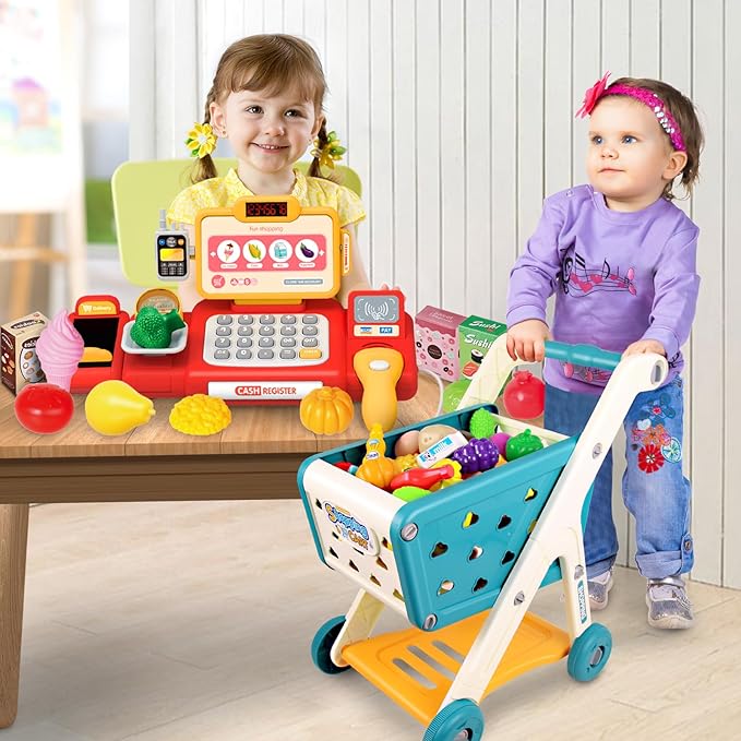 Kids Shopping Cart Trolley Play Set and Pretend Play Calculator Cash Register Toy with Pretend Food and Accessories,Perfect for Ages 3+ Pretend Play and Role-Playing Games