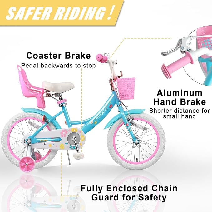 Glerc Maggie Girls Bike, 12-20 Inch Kids Bike for 2-13 Years Old Children, Princess Style Kids Bicycle with Doll-Seat & Basket & Training Wheels, Multiple Colors
