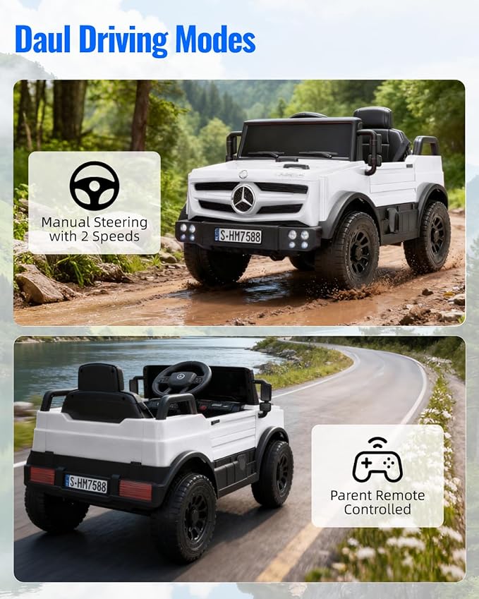 12V Ride on Car for Kids, Licensed Mercedes-Benz Unimog w/Parent Remote Control, LED Headlights, Music Player & Horn for 3-5 Years Toddler, White