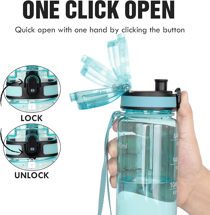 OLDLEY Water Bottle, 32oz Motivational Sports Water Bottle with Time Marker - Times to Drink - Tritan, BPA Free, Wide Mouth Leakproof,Surfer (1 Bottle)