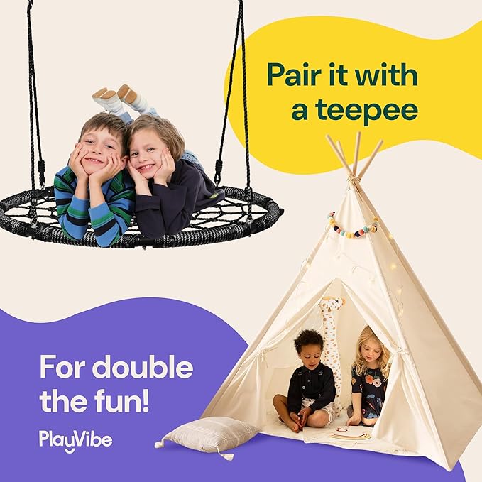 PLAYVIBE Spider Web Tree Swing - 40-Inch Black Saucer - 440 lb Capacity & 900D Oxford Waterproof Fabric - Heavy-Duty Steel Frame & Hanging Straps - Outdoor Swing Set Accessories - for Toddlers