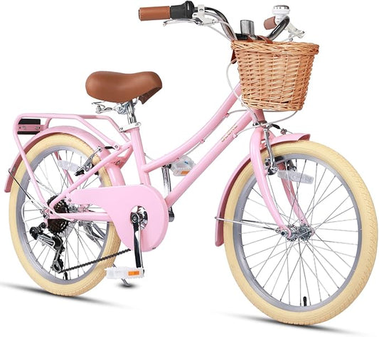 Glerc 20 24 26 Inch Beach Cruiser Bike, 6-Speed Hybrid City Bicycle for Girls Youth and Over 6 Years Old, Missy Bike with Wicker Basket & Lightweight, Multiple Colors