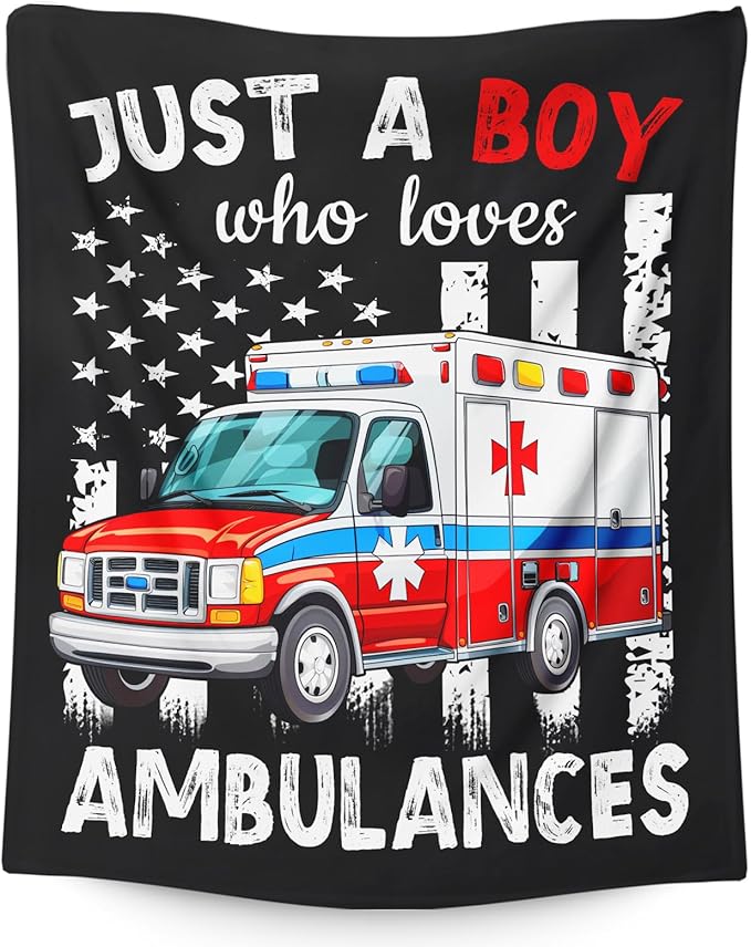 Ambulance Blanket for Boys - 60x80 Inches Cute Throw Blanket Gifts for Kids Truck Lovers - Just a Boys Who Loves Ambulances Blankets for Sofa Couch Bed Travel