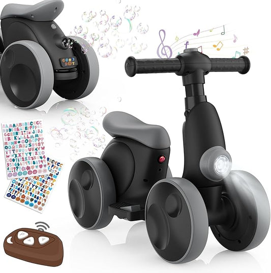 Electric Baby Balance Bike with Bubble Machine for 1 Year Old Boys Girls 4 in 1 Toddler Balance Bike 12-48 Month Kids Bubble Bike Ride Toys First Birthday Gift with Powered Motor,Music,LED Lights