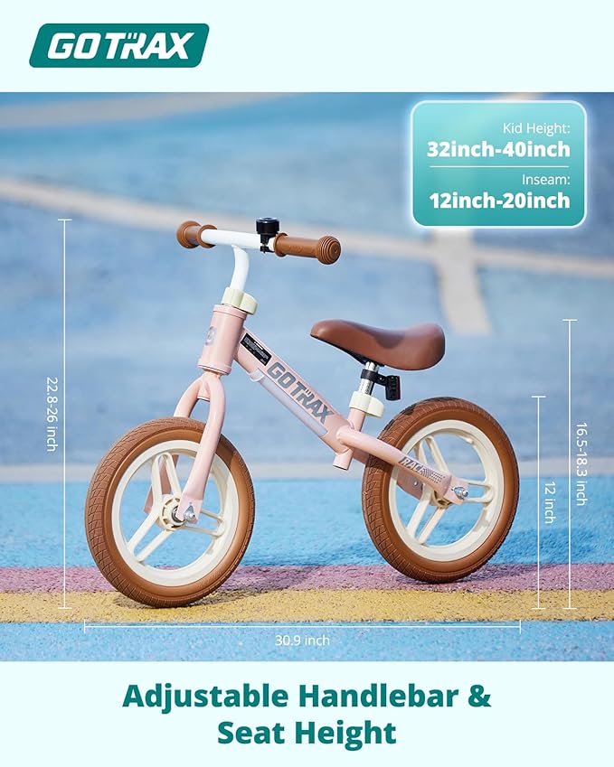Gotrax KS12 Balance Bike for 2-5 Years Old, 12" Toddlers Bike with LED Light&Bell, Adjustable Soft Seat&Handlebar, Flat-Free Tires&Easy Assembly, Lightweight&No Pedal, Kids Toy Gift for Boys Girls