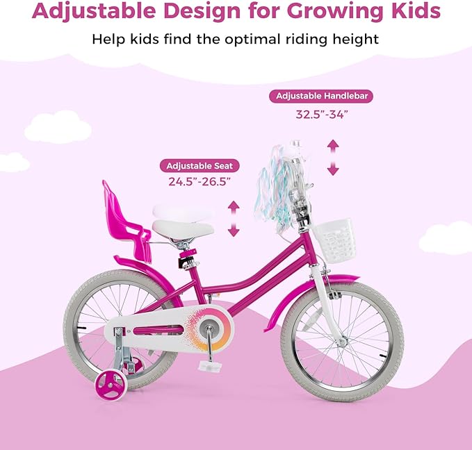 BABY JOY Kids Bike, 12 14 16 18 Inch Children Bicycle w/Detachable Training Wheels, Storage Basket, Adjustable Seat & Handlebar, Bow or Streamer, Girls Bike for 3-8 Years Old