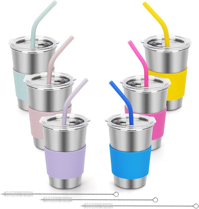 Kids Stainless Steel Cups, 16oz Kids Tumbler with Lid and Straw, 6 Color Unbreakable Metal Spill Proof Cups for Adults and Children