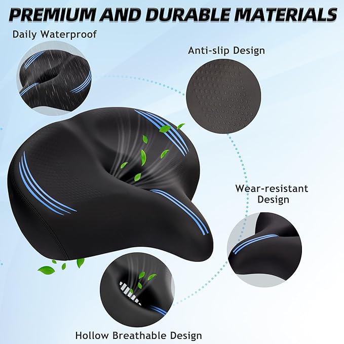 Oversized Bike Seat for Men & Women Comfort, Extra Wide Soft Padded Bicycle Seat Cushion, Large Comfortable Replacement Saddle for Peloton, Stationary Exercise Bike, Cruiser, Ebike, City Bike