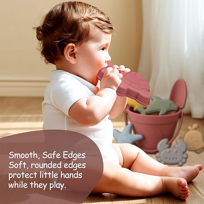 Silicone Beach Toys for Toddlers, Travel Friendly Sand Toys for Babies 6-12 Months, Collapsible Beach Bucket and Shovel Set with 6 Sand Molds for Kids, Family（Pink）