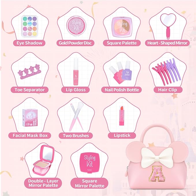 Pretend Makeup Kit for Toddlers Kids- 21Pcs Make Up Toys with Initial Toddler Purse - Birthday Gifts for 3 4 5 Years Old Girls Vanity Set Christmas Birthday Gift Purple R