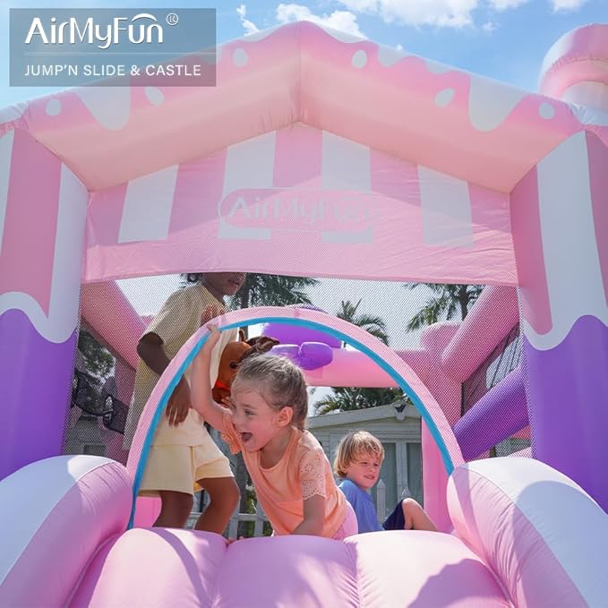 AirMyFun Pink Ice Cream Themed Inflatable Bounce House for Kids - Indoor/Outdoor Jumping Castle with Slide, Ball Pit, Wrecking Ball & Bounce Area, Durable Party Playground for Toddlers Boys Girls