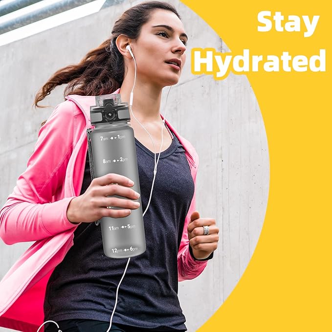 OLDLEY 32 oz Water Bottle, Motivational Water Bottle with Time Marker, Sports Water Bottle With Strap, Leakproof & BPA Free Large Water Bottles for School, Gym, Travel, Outdoor, Tritan,Gray
