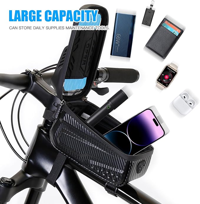 Waterproof Bike Bag, Long Extension Strap, Top Tube Bag Under 6.9'', Large Capacity, Touch Screen Compatible