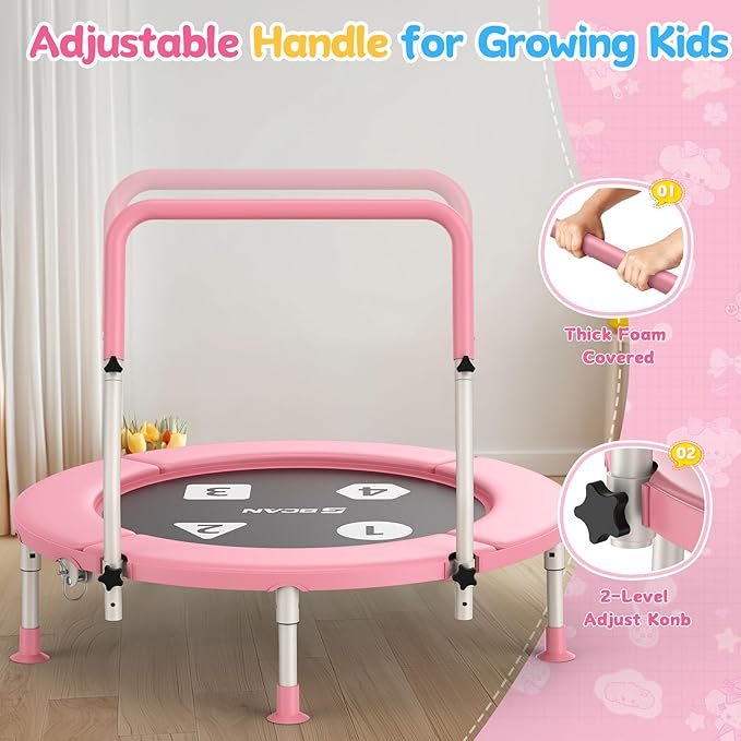 BCAN 36'' Toddler Trampoline, ASTM Certified-Foldable Mini Trampolines for Kids Ages 1-6, Adjustable Handle, Safety Pad & Foldable Legs, Baby Trampoline Indoor/Garden, Gift for Boy and Girl