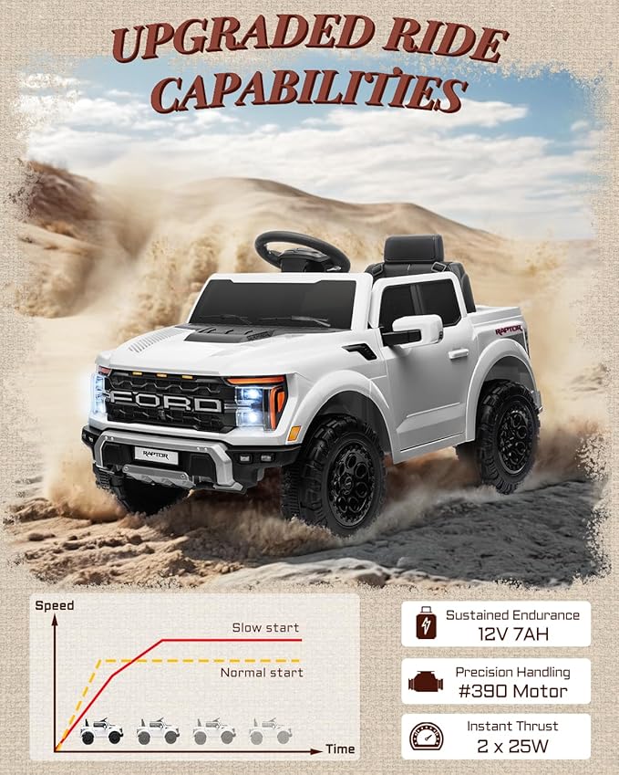 First Ride On Licensed Ford F-150 Raptor 12V Kids Ride on Truck, Ride on Toys for Toddlers with Remote Control, Electric Car for Kids with Truck Bed Storage, Smooth Start, Music, Bluetooth (White)