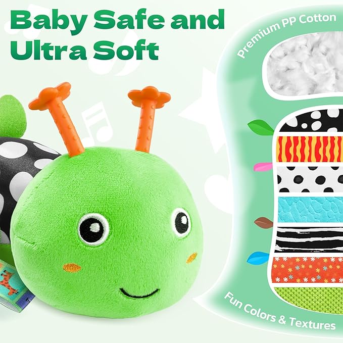 HEMRLY Baby Sensory Toy 0-6 Months, Musical Stuffed Caterpillar Plush with Teether, Crinkle, Rattle, Baby Mirror for Tummy Time, Infant Car Seat Toy for 0-3-6-12 Month Boys Girls Gifts - Winged Green