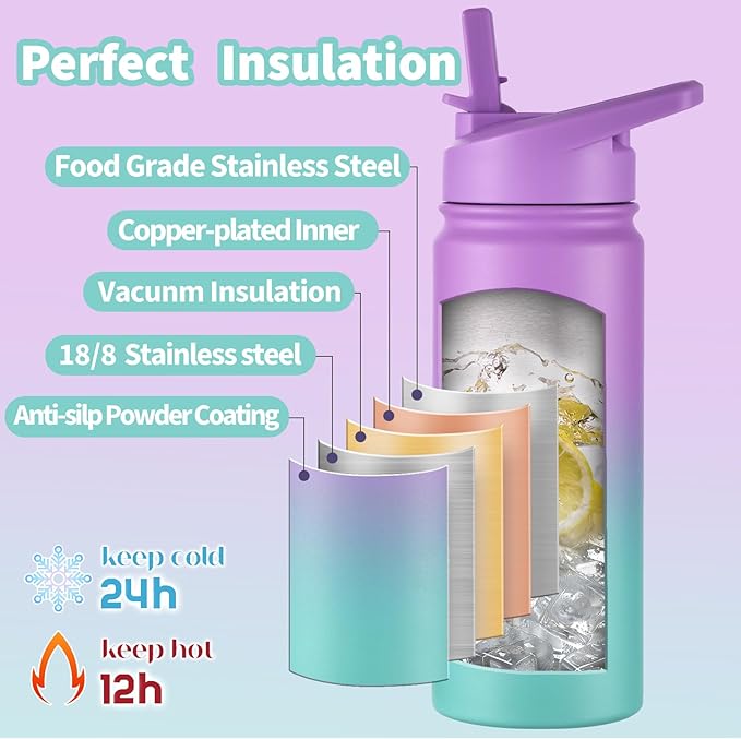 mininoo Insulated Water Bottle for School, 16oz Back to School Water Bottle with Straw Lid for Girls, Boys (Purple/Sky)