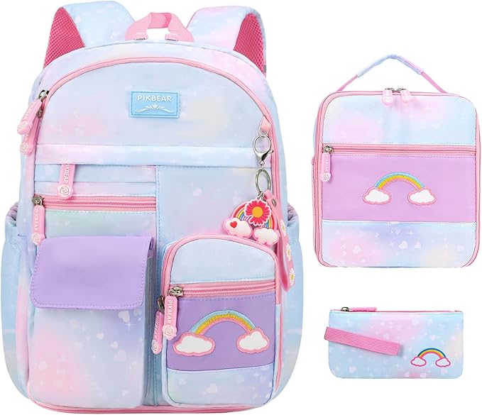 Girls Backpack Set 3 IN 1,Cute Rainbow Kids Backpack with Insulated Lunch Box Pen Case Set Student School bag(Blue-3 pieces set)