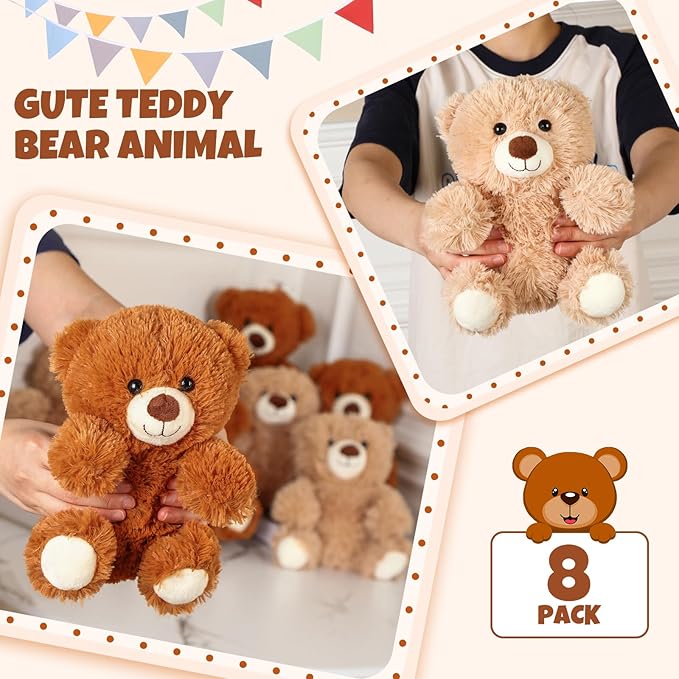 Jenaai 8 Pcs 10 Inches Stuffed Animal Bear Bulk Gift Soft Cute Baby Shower Bear Small Stuffed Plush Toys for Girls, Boys, Back to School Birthday Wedding Party(Retro Style)