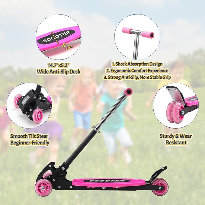 Heavy-Duty Kids 3-Wheel Scooter – Adjustable Height Handlebar, Sturdy Metal Frame, Non-Slip Deck, Foldable, for Ages 2+ (110 lbs Capacity)