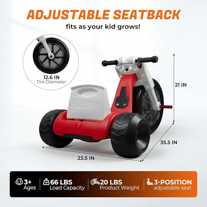 24V Electric Tricycle Toy for Kids 3+ Years, Speed Control 3-6 MPH Max Speed,45 Mins Max Long Lasting, Kids Ride On Car Toy, Adjustable Seat and LED Lights for Gifts