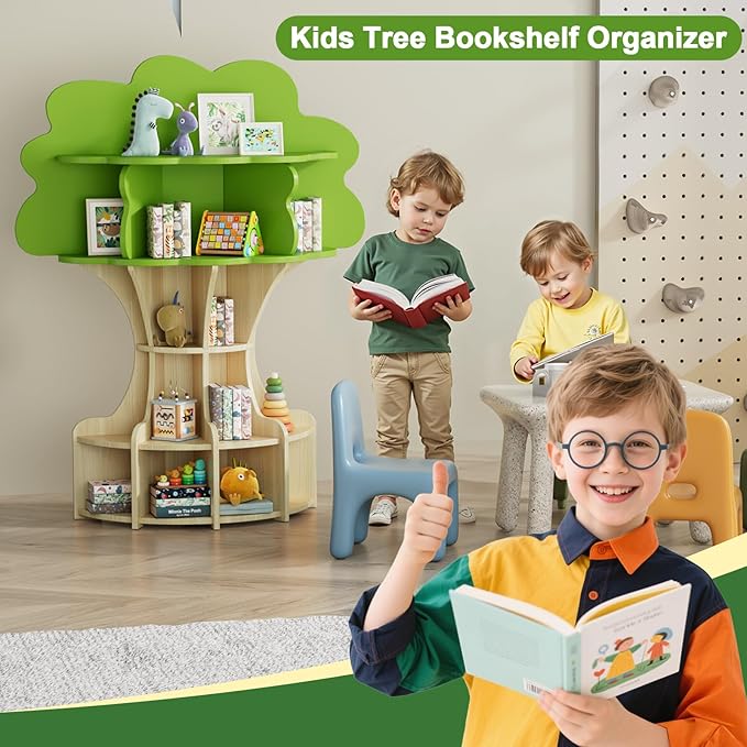 5-Tier Tree Kids Bookshelf, Toddler Montessori Shelf Book Rack, Toy and Book Storage for Kids, Wooden Children's Bookcase, Toy Storage Organizer for Preschool, Kid Room, Playroom, Nursery-002