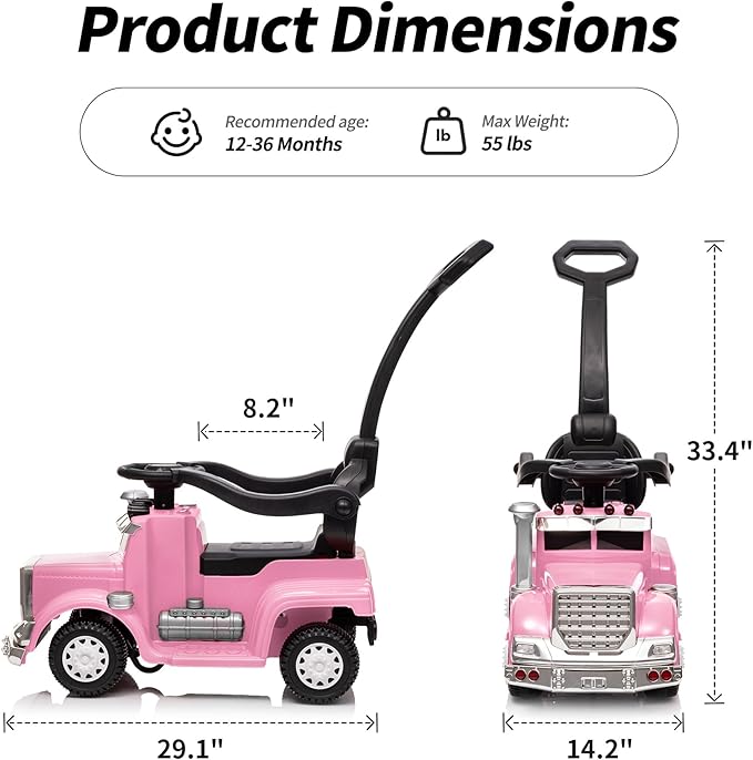 3-in-1 Ride on Push Car for Toddler with Handle, Toddler Ride on Toy for Girls Aged 1-3, Stroller Sliding Walking Car w/Music, Horn and Lights - Pink