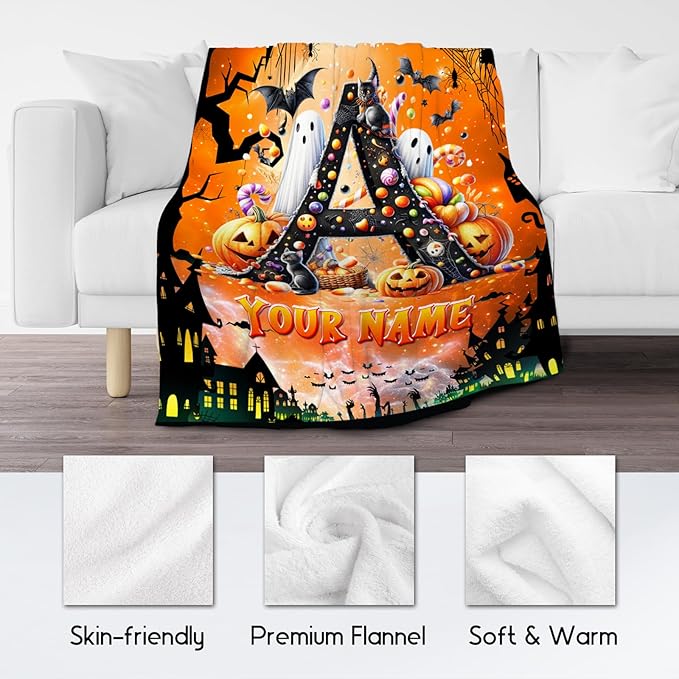 Halloween Blanket - Personalized Kids Blanket for Boys - Custom Gifts with Initial Name, Monogram Gifts for Son & Grandson - 50"x60" Soft Plush Toddler Throws for Party