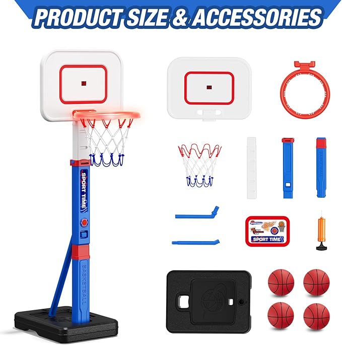 Toddler Basketball Hoop with Scoreboard/LED Basketball Rim/4 Balls, 55" Height Adjustable Basketball Hoop for Kids 3-5, Indoor Outdoor Sport Toys Birthday Gifts for Baby Boys Girls