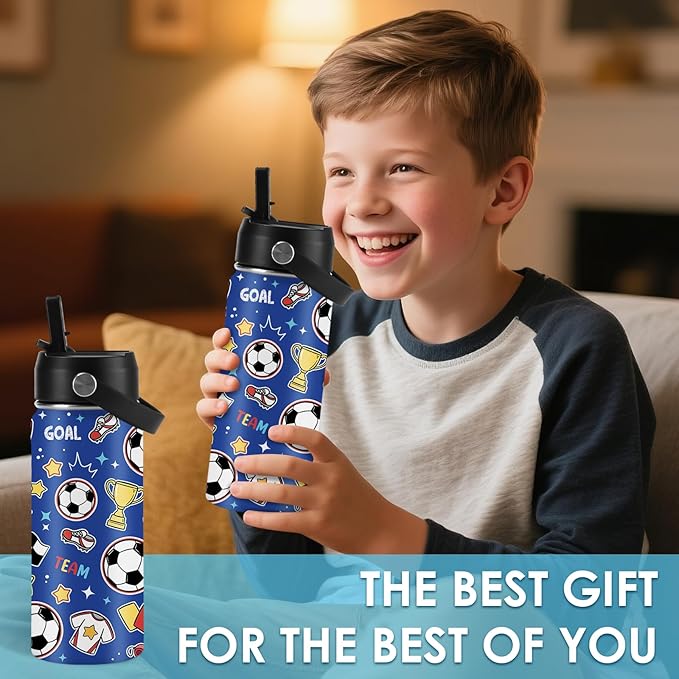 Soccer Gifts for Kids - 16 Oz Kids Water Bottle with Straw Lid, Stainless Steel Insulated Tumbler, Leak Proof, BPA-Free, for Girls, School, Travel - Soccer Lovers Children Birthday Gifts Cups(1pc)