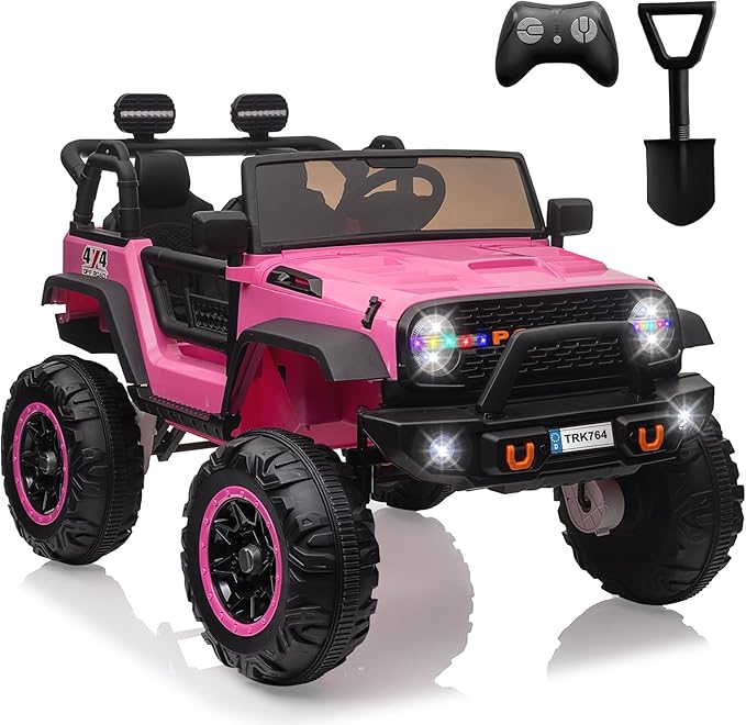 2 Seats 24V Kids Ride on Truck with Remote Control, Battery Powered Electric Ride Car Toy for 3-8 Years, 4 Motors,20" Seat Width for 2 Seaters, LED Light,Music,High/Low Speeds,Shovel, USB (Pink)