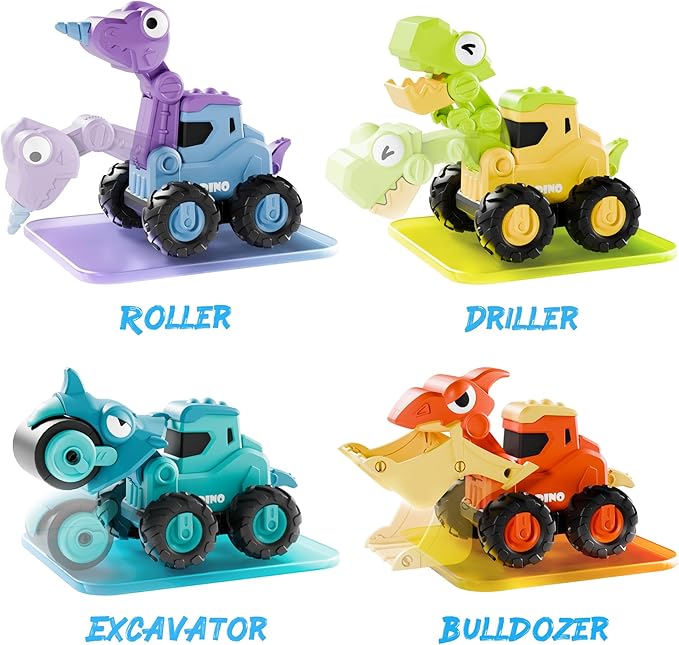 iPlay, iLearn Dinosaur Truck Toys for Toddlers, Boys Dino Press Go Racing Cars, Kids Construction Sandbox Vehicles Playset, Baby Push Go Friction Car Set, Birthday Gift for 18 Months 2 3 4 5 Years Old